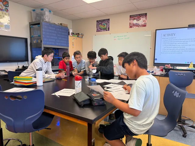 Students gathered around a classroom table for an added-sugar investigation