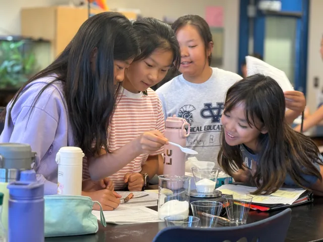 A group of students observes a spoonful of sugar above cups on a classroom scale